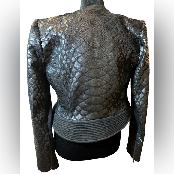 BCBGMAXAZRIA HP 💜🎊 Black Sequin Structured Moto Jacket Blazer Sexy Size XXS $289 - Picture 2 of 5